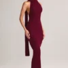 Robe longue dos nu à détails de foulard en maille côtelée Dree, couleur vin Robe longue dos nu à détails de foulard en maille côtelée Dree, couleur vin