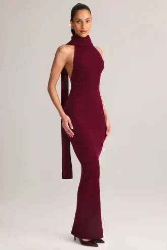 Robe longue dos nu à détails de foulard en maille côtelée Dree, couleur vin