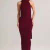 Robe longue dos nu à détails de foulard en maille côtelée Dree, couleur vin Robe longue dos nu à détails de foulard en maille côtelée Dree, couleur vin