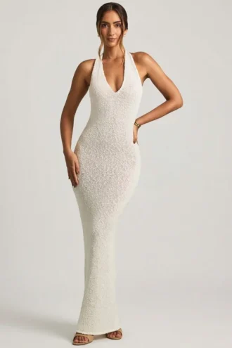 Robe longue à dos nu en bouclé Mirri, couleur blanche