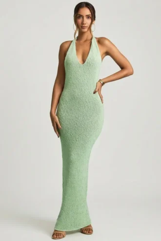 Robe longue à dos nu en bouclé Mirri, couleur menthe
