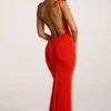 Robe longue dos nu en jersey texturé Noelia, rouge vif Robe longue dos nu en jersey texturé Noelia, rouge vif