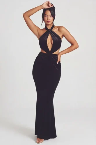 Robe longue à dos nu en velours Adriana, noir jais