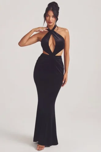Robe longue à dos nu en velours Adriana, noir jais