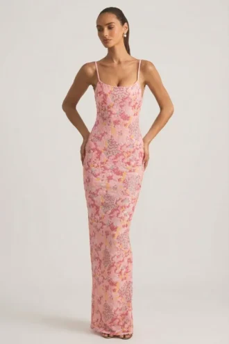 Robe longue dos nu à encolure dégagée et ornements Tavira, rose