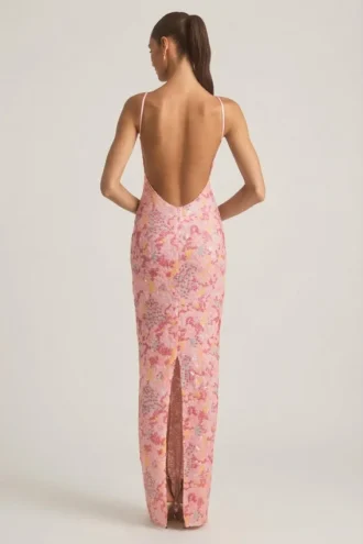 Robe longue dos nu à encolure dégagée et ornements Tavira, rose