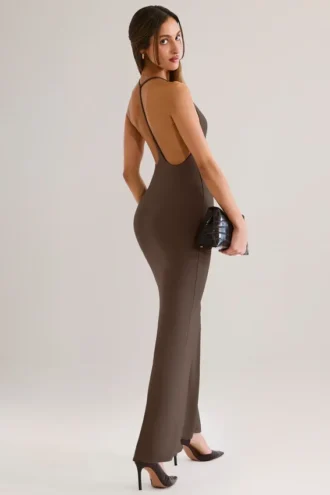 Robe longue dos nu à encolure plongeante Leire en modal, couleur chocolat