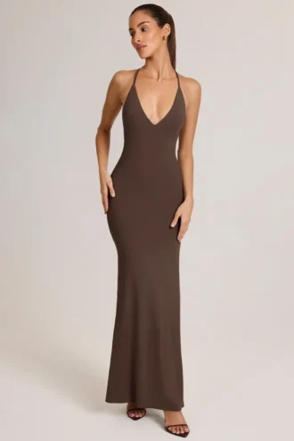 Robe longue dos nu à encolure plongeante Leire en modal, couleur chocolat