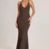 Robe longue dos nu à encolure plongeante Leire en modal, couleur chocolat Robe longue dos nu à encolure plongeante Leire en modal, couleur chocolat