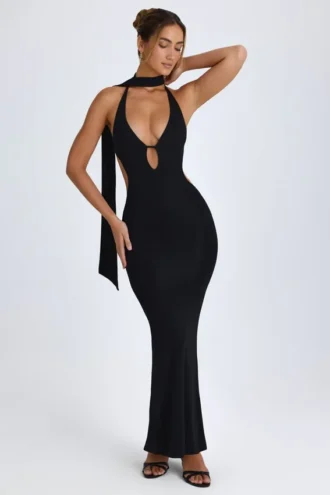 Robe longue à dos nu et découpes avec détail foulard Anneka, en noir