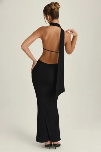 Robe longue à dos nu et découpes avec détail foulard Anneka, en noir