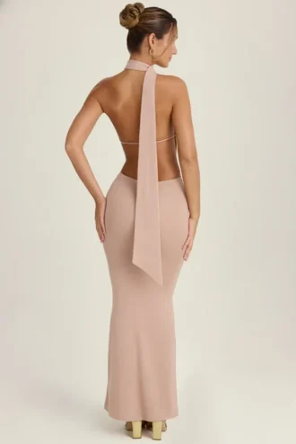 Robe longue à dos nu et découpes avec détails en forme de foulard Anneka, couleur pêche chaud