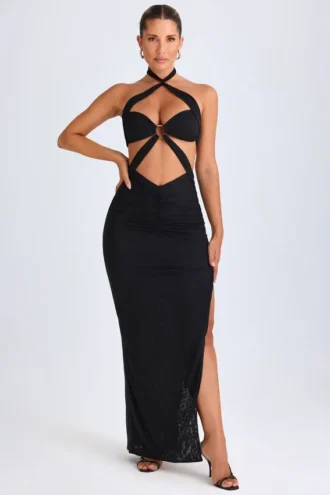Robe longue à dos nu et découpes Bethania, détails métalliques, en noir