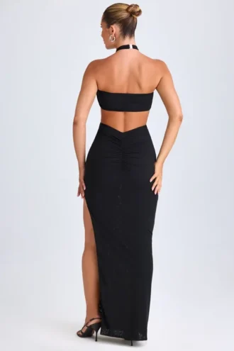 Robe longue à dos nu et découpes Bethania, détails métalliques, en noir