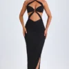 Robe longue à dos nu et découpes Bethania, détails métalliques, en noir Robe longue à dos nu et découpes Bethania, détails métalliques, en noir