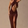 Robe longue à dos nu et découpes Caicos, couleur brun espresso