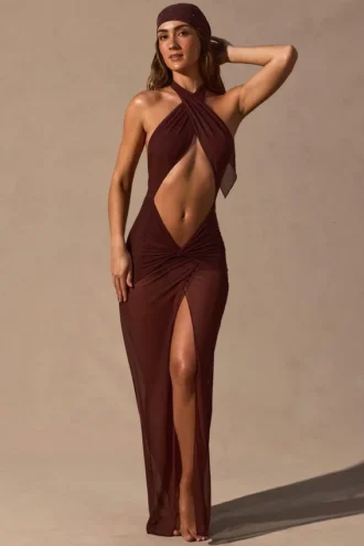 Robe longue à dos nu et découpes Caicos, couleur brun espresso