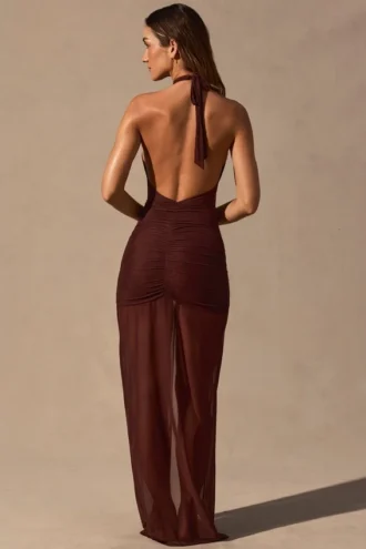 Robe longue à dos nu et découpes Caicos, couleur brun espresso