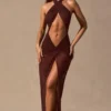 Robe longue à dos nu et découpes Caicos, couleur brun espresso