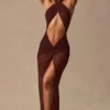 Robe longue à dos nu et découpes Caicos, couleur brun espresso