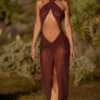 Robe longue à dos nu et découpes Caicos, couleur brun espresso