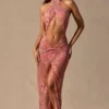 Robe longue à dos nu et découpes Caicos, imprimé cachemire Robe longue à dos nu et découpes Caicos, imprimé cachemire