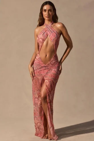 Robe longue à dos nu et découpes Caicos, imprimé cachemire