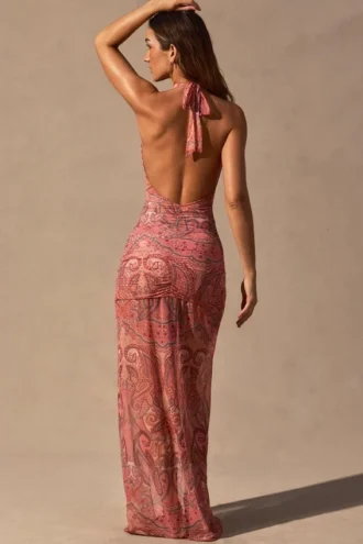 Robe longue à dos nu et découpes Caicos, imprimé cachemire