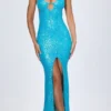 Robe longue à dos nu et découpes ornées Joella, couleur turquoise Robe longue à dos nu et découpes ornées Joella, couleur turquoise