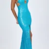 Robe longue à dos nu et découpes ornées Joella, couleur turquoise Robe longue à dos nu et découpes ornées Joella, couleur turquoise