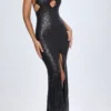 Robe longue à dos nu et découpes ornées Joella, en noir Robe longue à dos nu et découpes ornées Joella, en noir