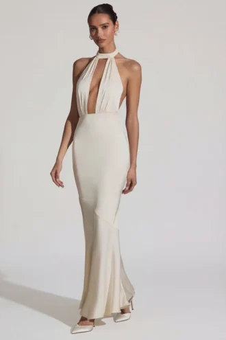 Robe longue à dos nu et dos en queue de poisson Desiree, couleur ivoire