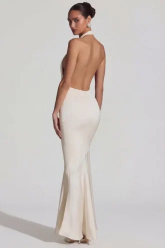 Robe longue à dos nu et dos en queue de poisson Desiree, couleur ivoire