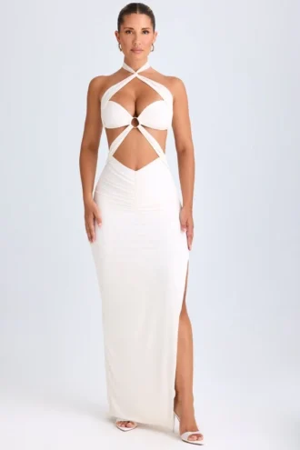 Robe longue à dos nu et fronces Kalyani, couleur blanche