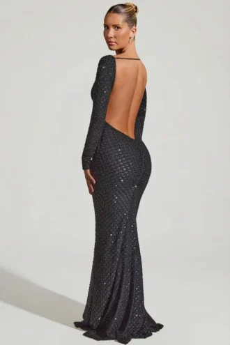 Robe longue à dos nu et ornements Jailene en noir