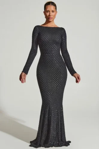 Robe longue à dos nu et ornements Jailene en noir