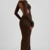 Robe longue dos nu froncée Regine en modal, couleur chocolat Robe longue dos nu froncée Regine en modal, couleur chocolat