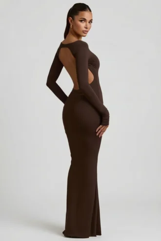 Robe longue dos nu froncée Regine en modal, couleur chocolat