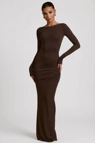 Robe longue dos nu froncée Regine en modal, couleur chocolat