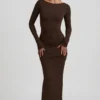Robe longue dos nu froncée Regine en modal, couleur chocolat Robe longue dos nu froncée Regine en modal, couleur chocolat