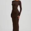 Robe longue dos nu froncée Regine en modal, couleur chocolat Robe longue dos nu froncée Regine en modal, couleur chocolat