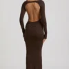 Robe longue dos nu froncée Regine en modal, couleur chocolat Robe longue dos nu froncée Regine en modal, couleur chocolat