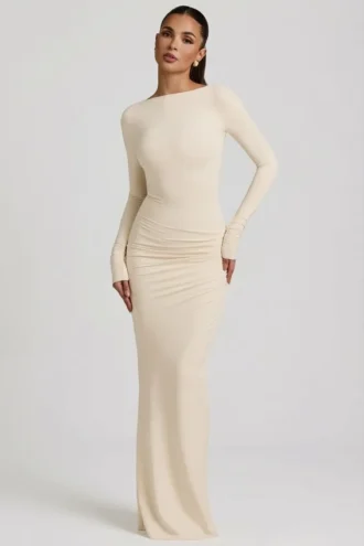 Robe longue dos nu froncée Regine en modal, couleur ivoire