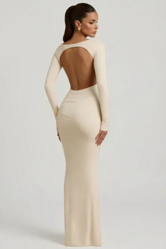 Robe longue dos nu froncée Regine en modal, couleur ivoire