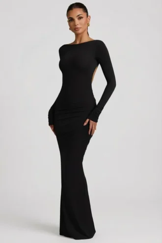 Robe longue dos nu froncée Regine en modal, couleur noire