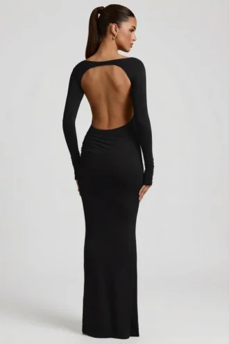 Robe longue dos nu froncée Regine en modal, couleur noire