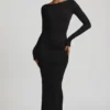 Robe longue dos nu froncée Regine en modal, couleur noire Robe longue dos nu froncée Regine en modal, couleur noire