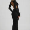 Robe longue dos nu froncée Regine en modal, couleur noire Robe longue dos nu froncée Regine en modal, couleur noire