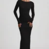 Robe longue dos nu froncée Regine en modal, couleur noire Robe longue dos nu froncée Regine en modal, couleur noire