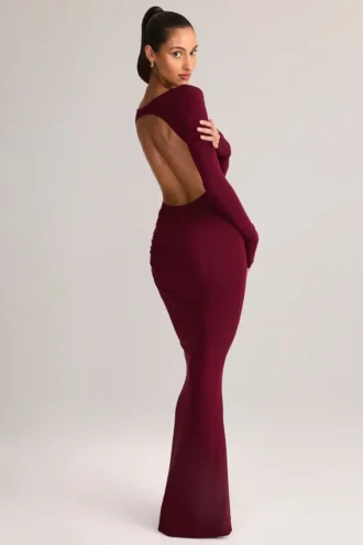 Robe longue dos nu froncée Regine en modal, couleur vin